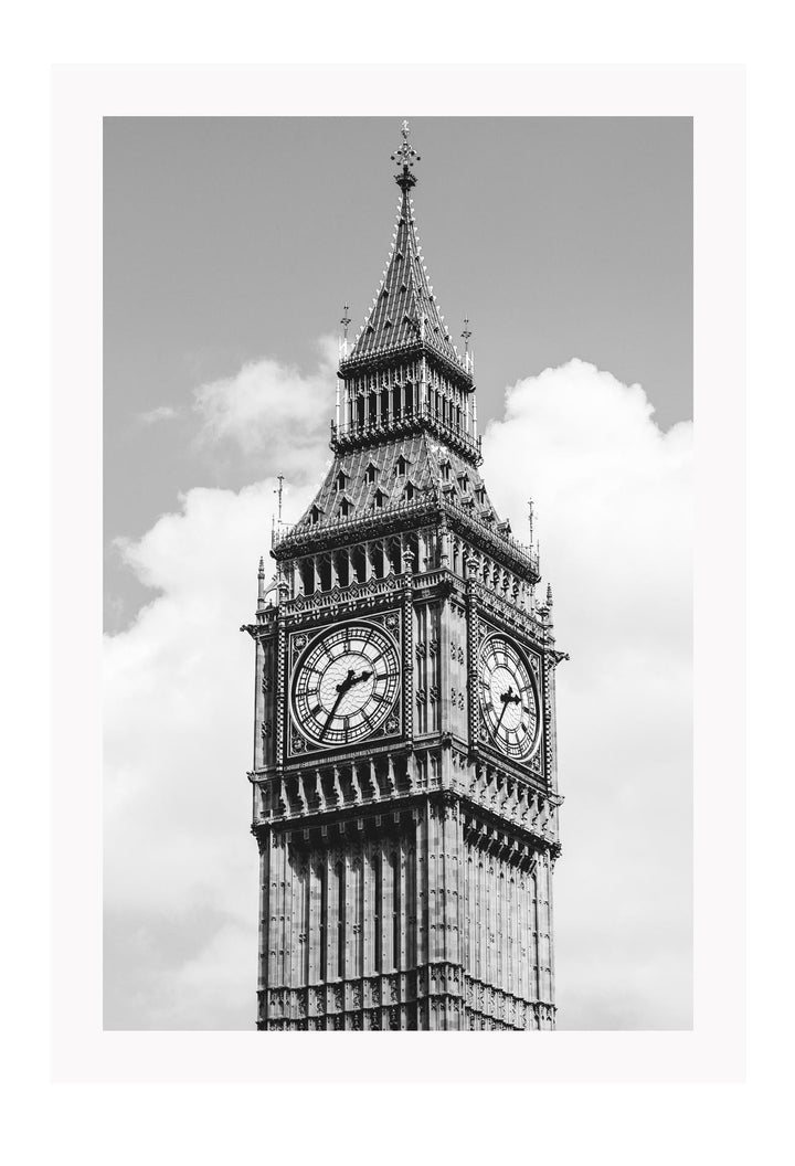 A black and white urban wall art with classic architecture Big Ben in London.