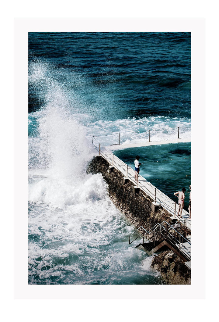 Sydney beach water ocean print with blue white wash waves splashing on pool vintage coast