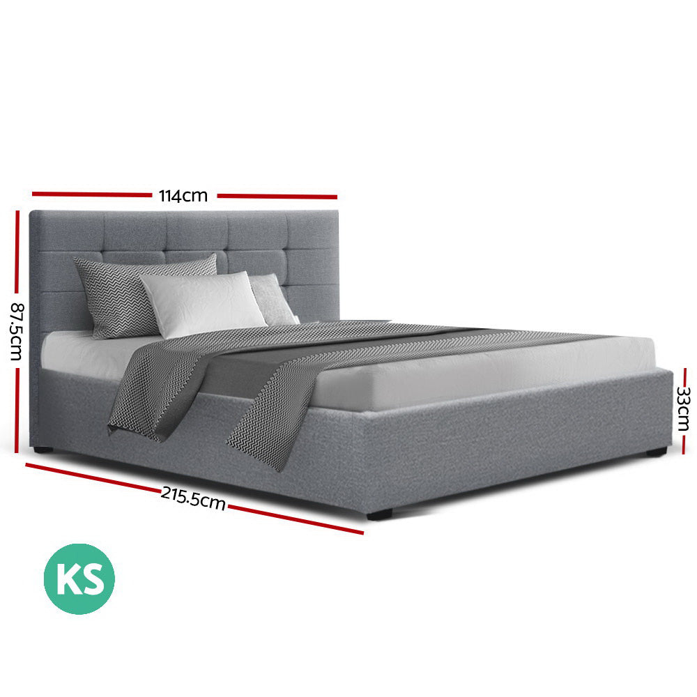 Artiss Lisa Bed Frame Fabric Gas Lift Storage - Grey King Single