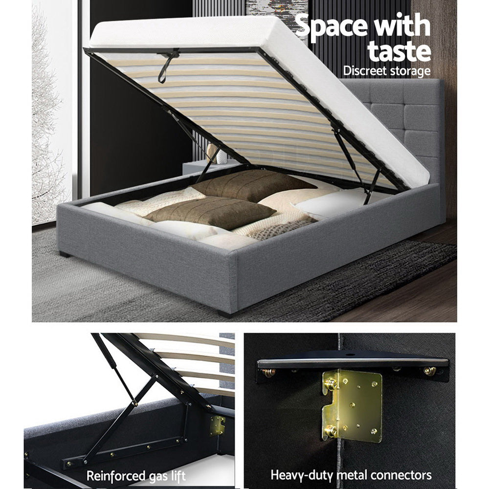 Artiss Lisa Bed Frame Fabric Gas Lift Storage - Grey King Single