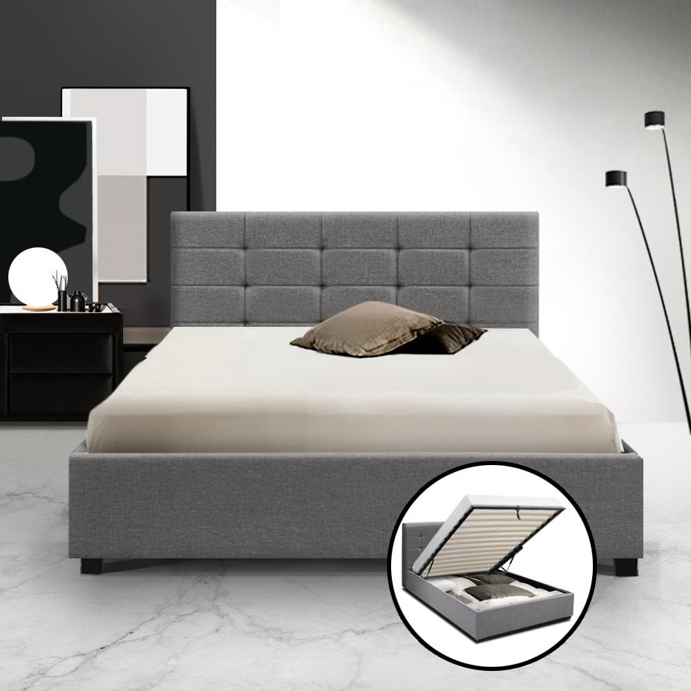 Artiss Lisa Bed Frame Fabric Gas Lift Storage - Grey King Single