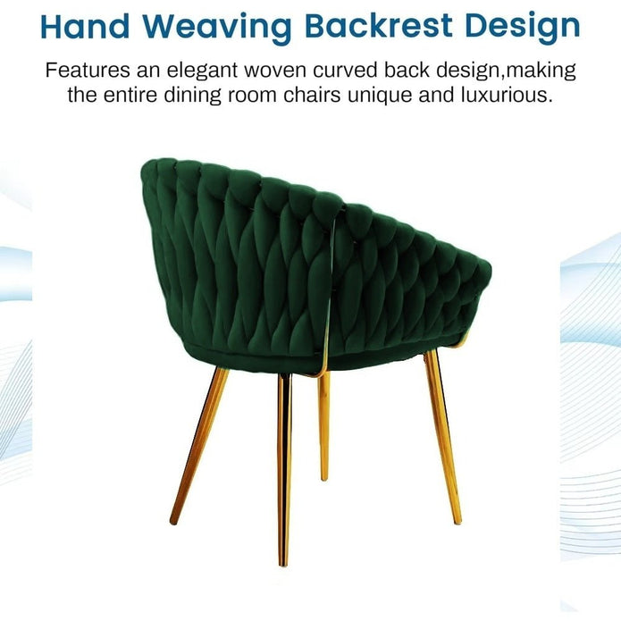 SERENITà Emerald Green Modern Velvet Dining Chairs, Upholstered Living Room Chair with Woven Back and Golden Metal Legs, Mid-Century Accent Set of 2(GREEN)