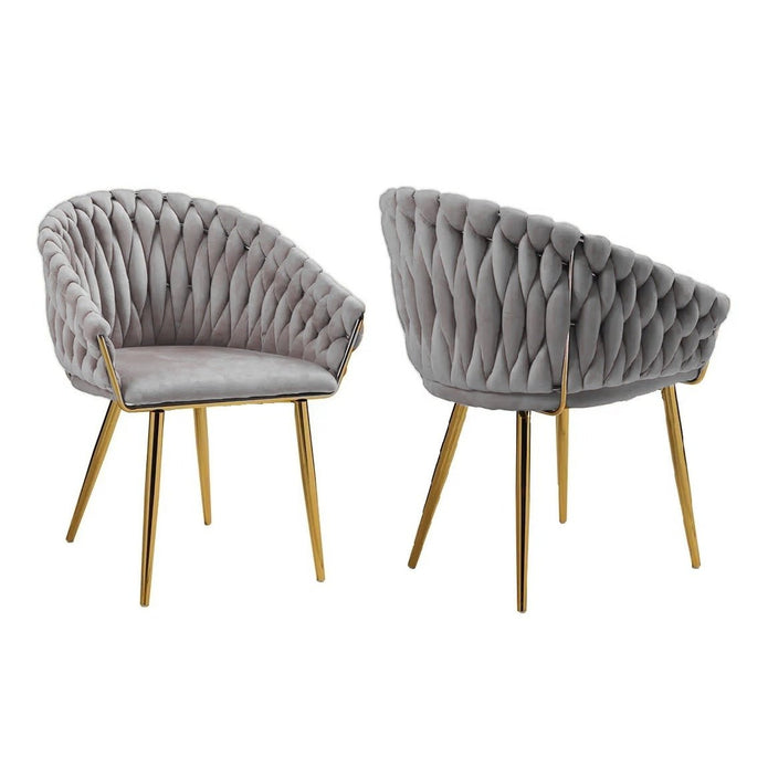 SERENITà Grey Modern Velvet Dining Chairs, Upholstered Living Room Chair with Woven Back and Golden Metal Legs, Mid-Century Accent Set of 2(Grey)