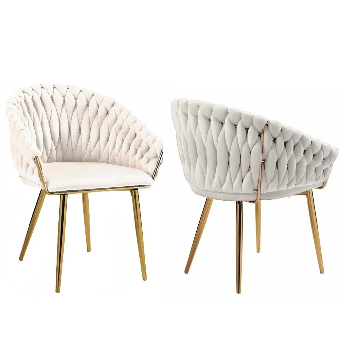 SERENITà Ivory Modern Velvet Dining Chairs, Upholstered Living Room Chair with Woven Back and Golden Metal Legs, Mid-Century Accent Set of 2(Ivory)