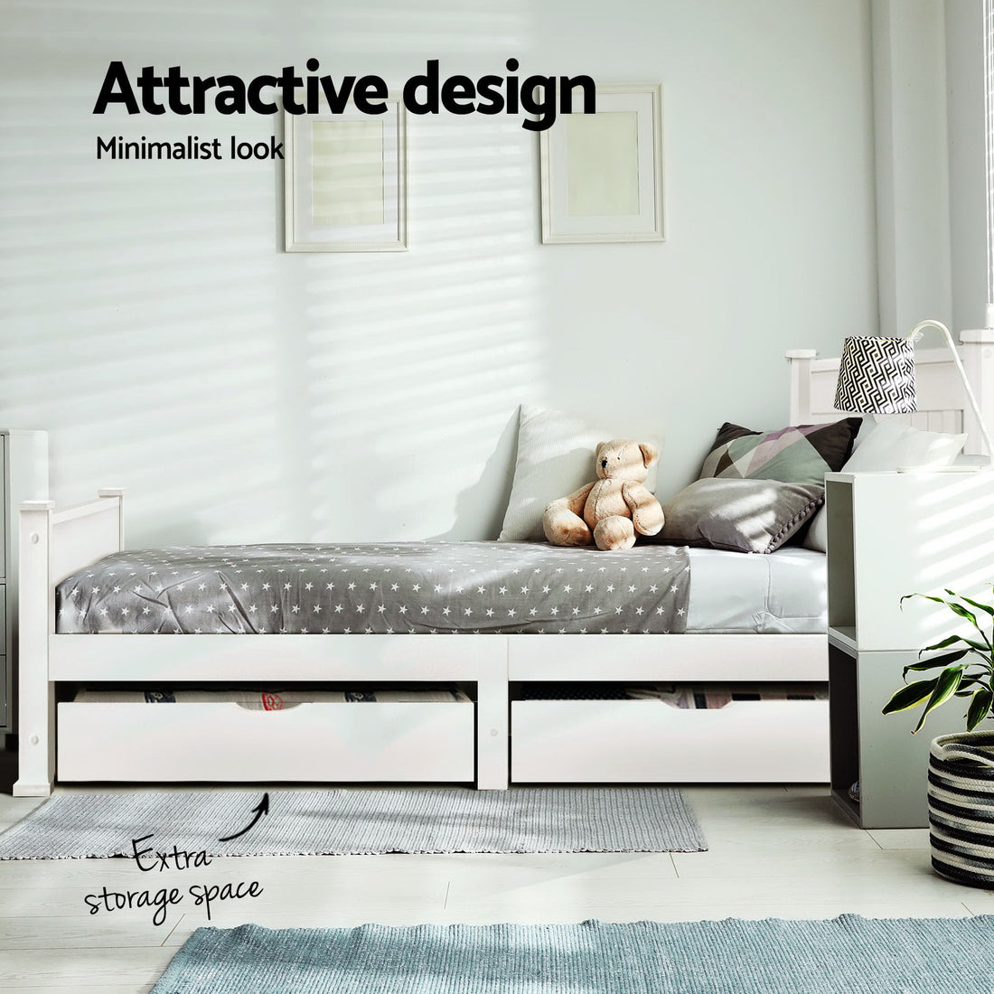 Artiss Bed Frame Single Size Wooden with 2 Drawers White RIO