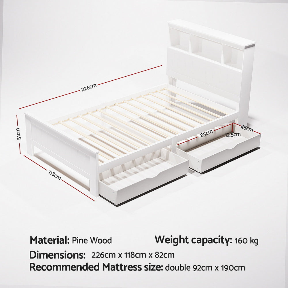 Artiss Bed Frame King Single Size Wooden with 2 Storage Drawers White